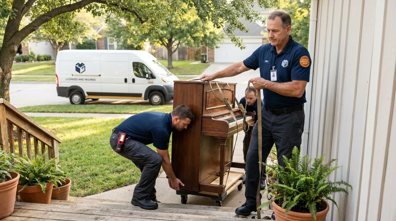 Licensed piano movers securing grand piano in Wilmington, NC