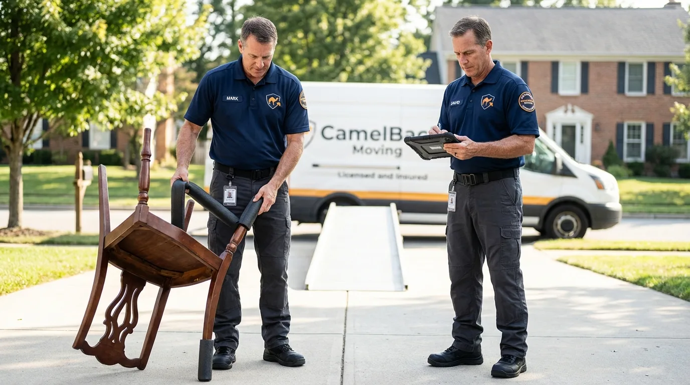 Movers inspecting furniture for damage prevention before loading in Wilmington, NC