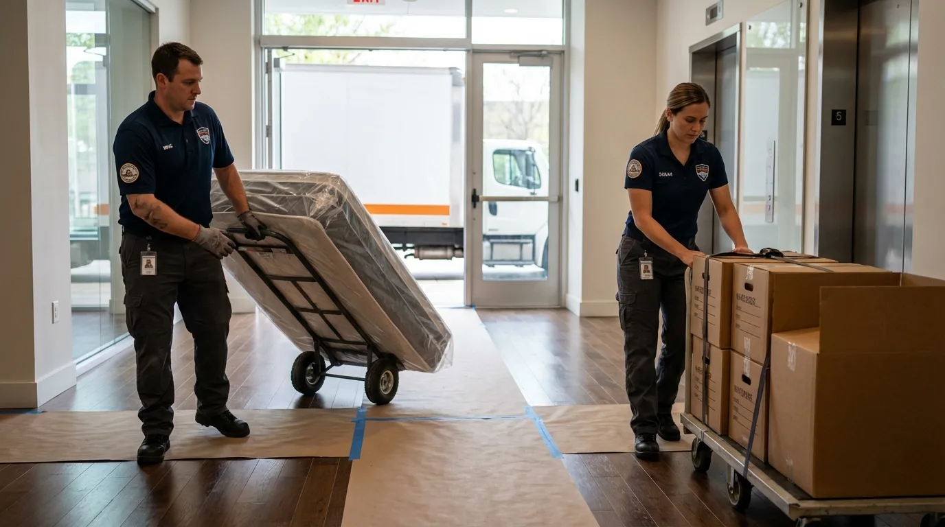 Professional apartment movers loading elevator in Wilmington, NC